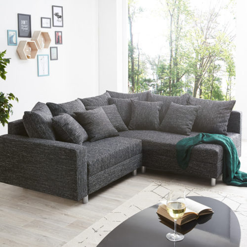 DELIFE Ecksofa Clovis Schwarz Strukturstoff mit Armlehne Ottomane Rechts, Design Ecksofas, Couch Loft, Modulsofa, modular