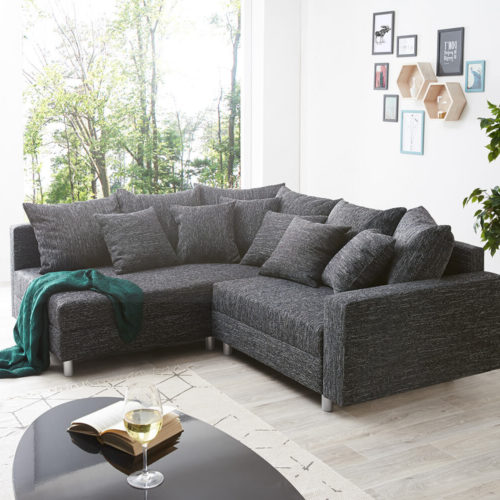 DELIFE Ecksofa Clovis Schwarz Strukturstoff mit Armlehne Ottomane Links, Design Ecksofas, Couch Loft, Modulsofa, modular