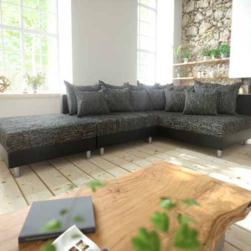 DELIFE Ecksofa Clovis Schwarz mit Hocker Ottomane Rechts Modular, Design Ecksofas, Couch Loft, Modulsofa, modular