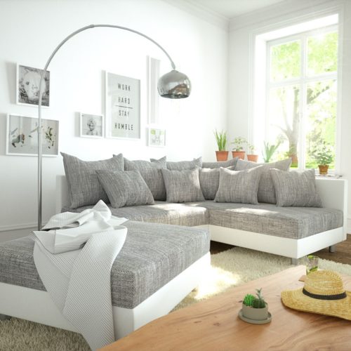 DELIFE Ecksofa Clovis Weiss Hellgrau Hocker Ottomane Rechts modular, Design Ecksofas, Couch Loft, Modulsofa, modular