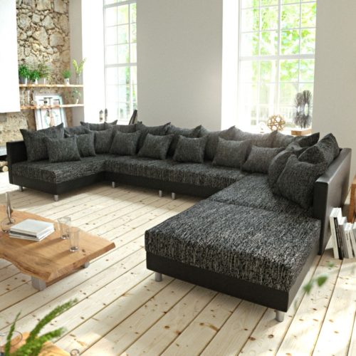 DELIFE Wohnlandschaft Clovis XL Schwarz Modulsofa mit Hocker, Design Wohnlandschaften, Couch Loft, Modulsofa, modular