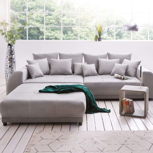 DELIFE Big-Sofa Violetta 310x135 cm Grau inklusive Hocker, Big Sofas