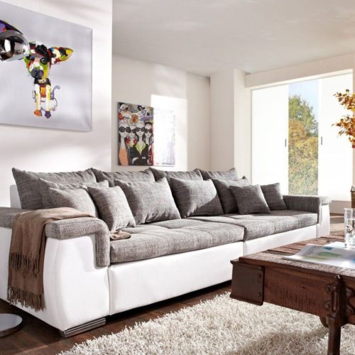DELIFE Sofa Navin 275x116 cm Hellgrau Weiss Couch mit Kissen, Big Sofas