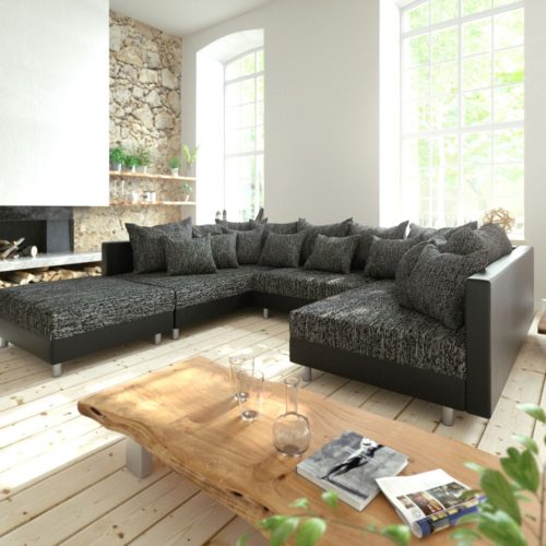 DELIFE Wohnlandschaft Clovis Schwarz Modulsofa mit Hocker, Design Wohnlandschaften, Couch Loft, Modulsofa, modular