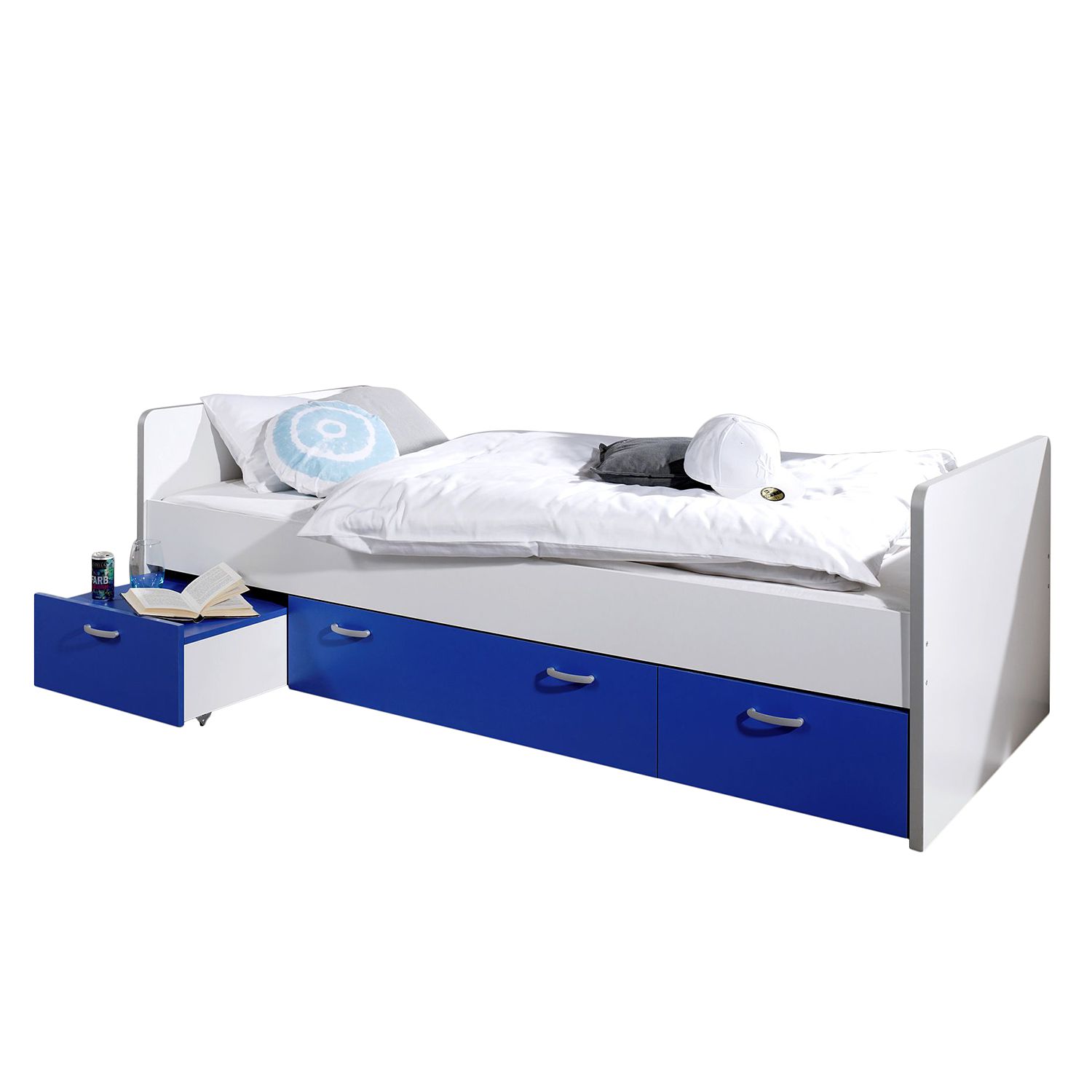 Funktionsbett Bonny - 90 x 200cm - 3 Bettkästen - Weiß / Blau, Relita