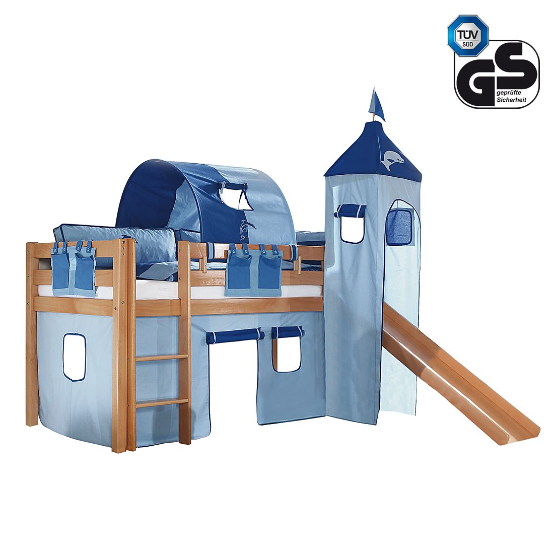 Spielbett Alex - Buche massiv klar lackiert - Inklusive Rutsche, Turm & Textilset in Blau mit Delfin, Relita