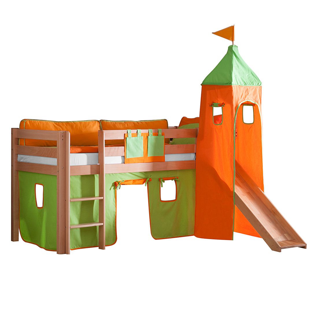 Spielbett Alex - mit Rutsche, Vorhang, Turm und Tasche - Buche natur/Textil grün-orange, Relita