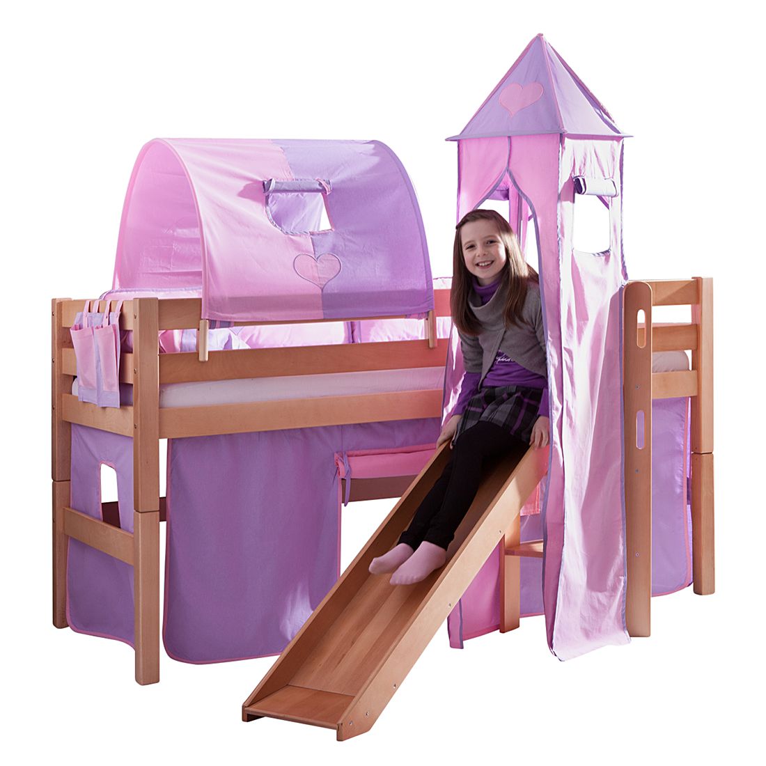 Spielbett Eliyas - mit Rutsche, Vorhang, Tunnel, Turm und Tasche Buche natur/Textil purple-rosa-herz, Relita