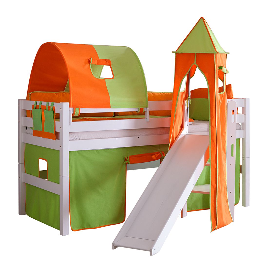 Spielbett Eliyas - mit Rutsche, Vorhang, Tunnel, Turm und Tasche - Buche weiß/Textil grün-orange, Relita