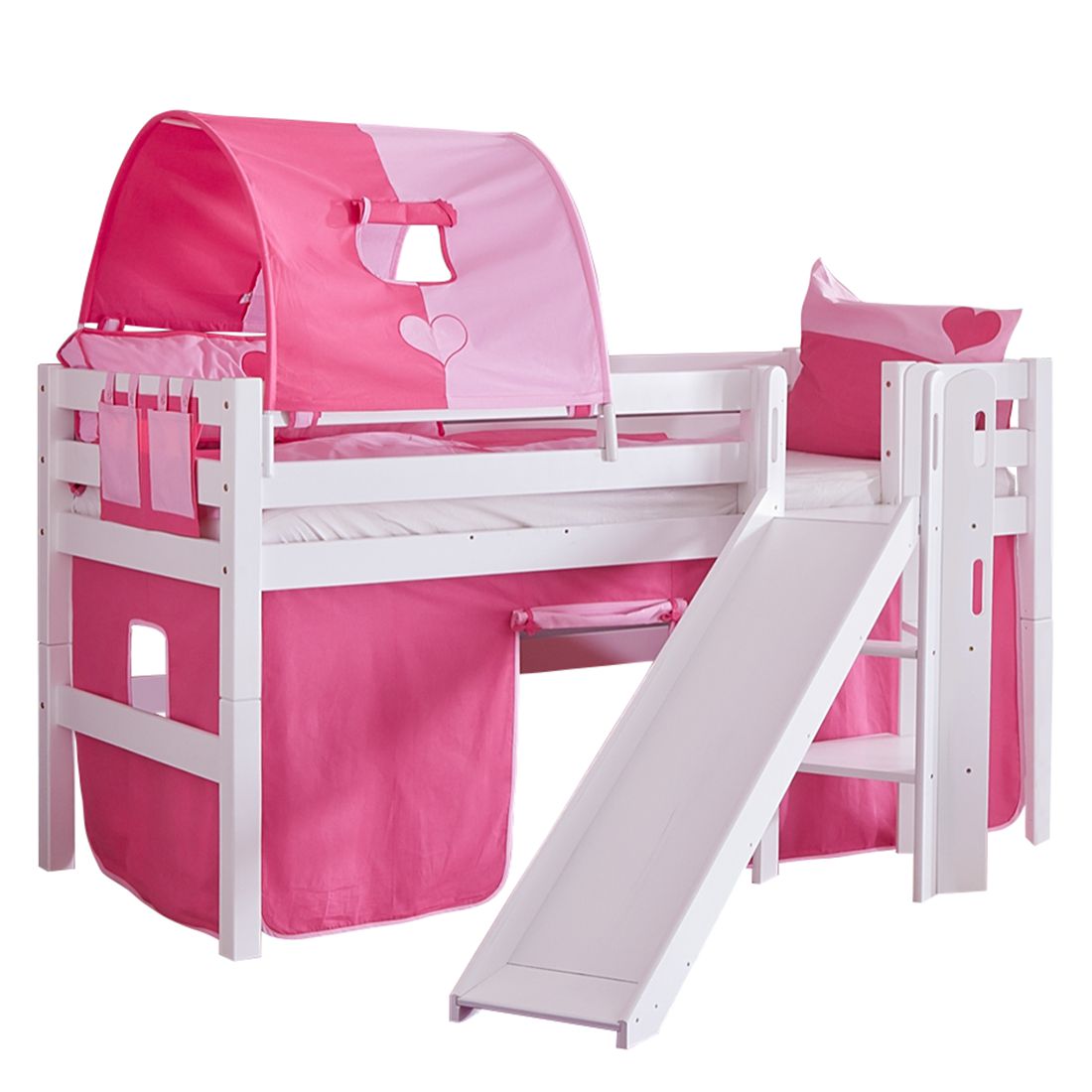 Spielbett Eliyas - mit Rutsche, Vorhang, Tunnel und Tasche - Buche weiß/Textil pink-herz, Relita