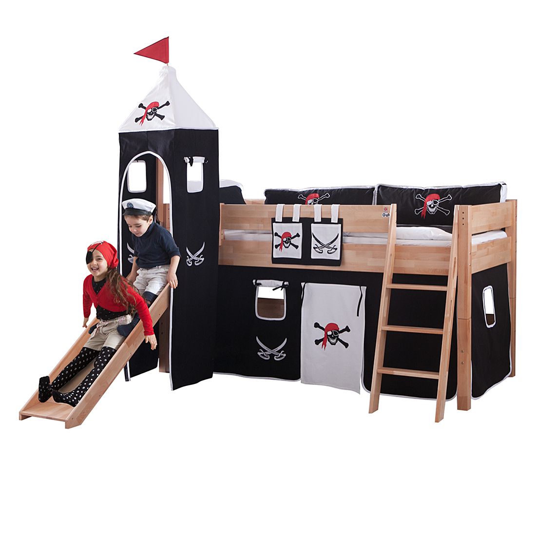 Spielbett Kim - Buche massiv lackiert - mit Rutsche, Turm und Textilset in Schwarz/Weiß, Relita