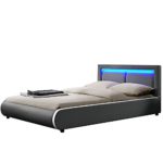Juskys Polsterbett Murcia 140 x 200 cm — Bett mit LED, Lattenrost, Kopfteil & Kunstleder — Bettgestell gepolstert…
