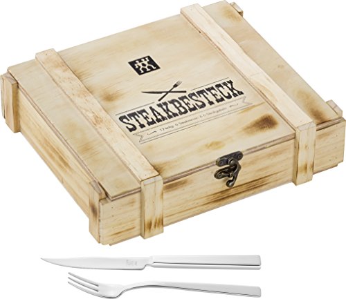 Zwilling 07150-359-0 Steak Besteckset in rustikaler Holzbox, Edelstahl, 12-teilig, Silber, Norme