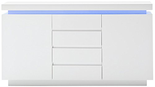 Robas Lund Sideboard Weiß Hochglanz mit LED Farbwechsel-Beleuchtung mit Fernbedienung, BxHxT 150x81x40 cm