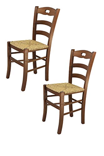 Tommychairs - 2er Set Stühle Savoie 38 für die Küche und Esszimmer, Robuste Struktur aus lackiertem Buchenholz, im Farbton Nuss und Sitzfläche in strohähnlicher Struktur