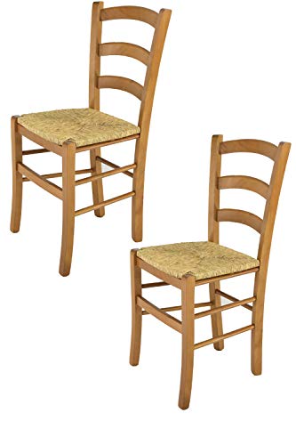 Tommychairs - 2er Set Stühle Venice für Küche und Esszimmer, robuste Struktur aus lackiertem Buchenholz im Farbton Eiche und Sitzfläche aus Stroh. Set bestehend aus 2 Stühlen Venice
