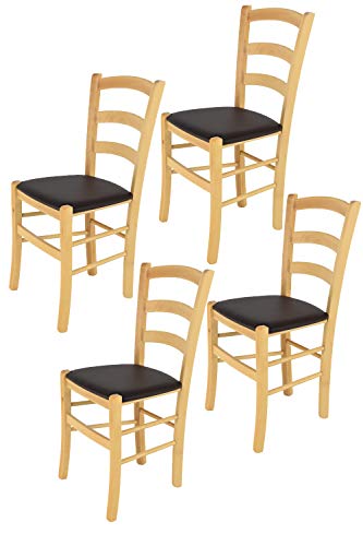 Tommychairs 4er Set Stühle Venice, robuste Struktur aus lackiertem Buchenholz im Farbton Naturfarben und Sitzfläche mit Kunstleder in der Farbe Mokka bezogen. Set bestehend aus 4 Stühlen Venice