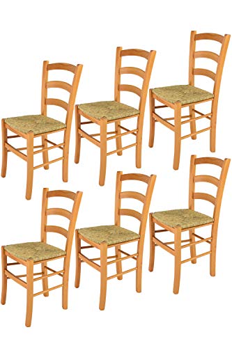 Tommychairs - 6er Set Stühle Venice für Küche und Esszimmer, robuste Struktur aus lackiertem Buchenholz im Farbton Honig und Sitzfläche aus Stroh. Set bestehend aus 6 Stühlen Venice